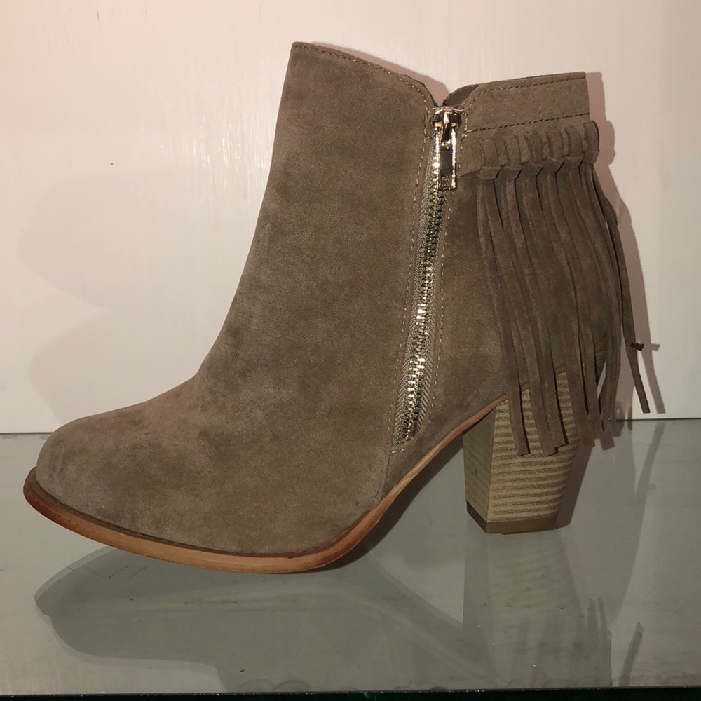 Tan fringe booties